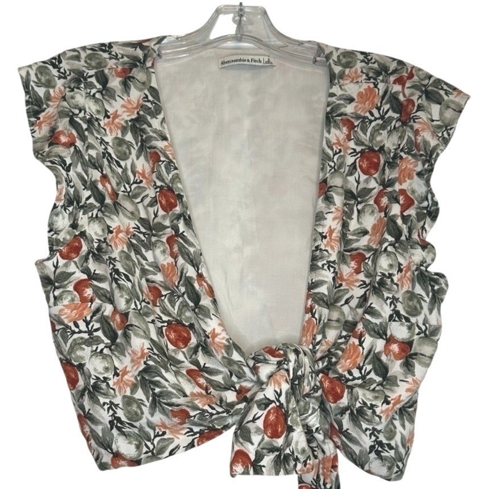 Abercrombie‎ & Fitch Women Large Orange Fruit Floral Tie Front Crop Top Ruffle